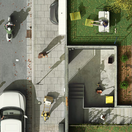 Illustration, die das städtische Leben aus der Vogelperspektive zeigt.
