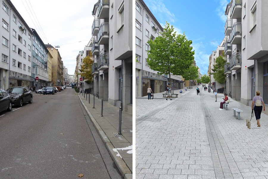 Links ist die Sophienstraße in ihrem jetzigen Zustand zu sehen, rechts eine Visualisierung, wie sie künftig aussehen soll.