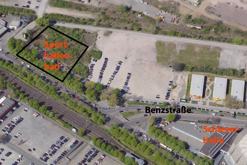 Luftaufnahme vom Standort des neuen Sportbads im Neckarpark.