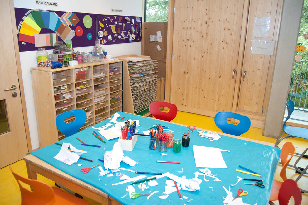 Im Atelier können die Kinder am großen Tisch Bilder malen.