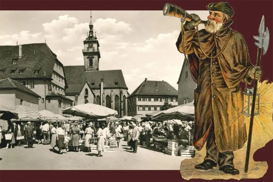 Wochenmarkt auf dem Cannstatter Marktplatz, um 1960, und "Cannstatter" Nachtwächter, Detail einer Karte, gelaufen Dezember 1900.