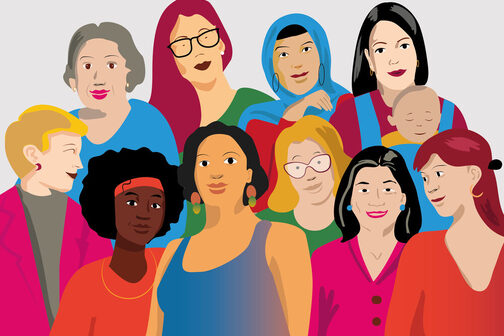 Bunte Illustration von mehreren Frauen unterschiedlichen Alters und Herkunft, die für ein Gruppenfoto posieren.