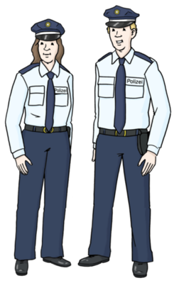 Eine Frau und ein Mann mit Polizei-Uniform