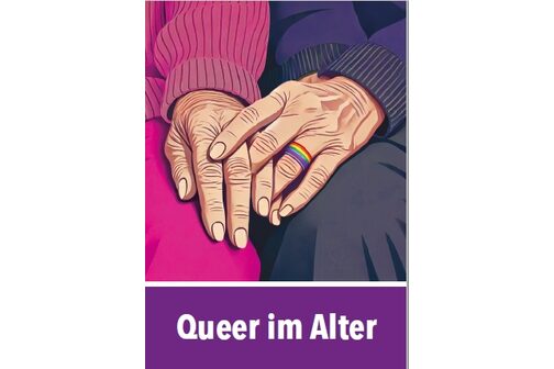 Eine grafische Darstellung zweier gealterter Hände, die liebevoll übereinander liegen. Am Ringfinger der rechten Hand ist ein Ring in Regenbogenfarben zu sehen.