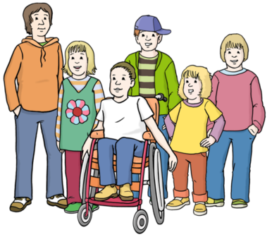 Eine Gruppe von Kindern mit und ohne Behinderung