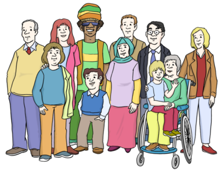 Eine Gruppe Menschen mit und ohne Behinderung zusammen als Gruppe.