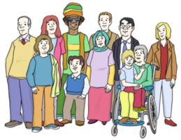 Eine Gruppe Menschen mit und ohne Behinderung zusammen als Gruppe.
