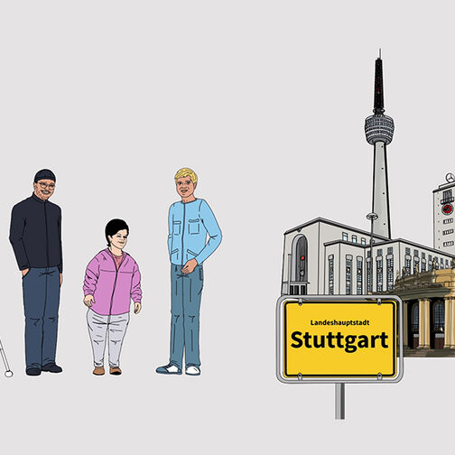 Grafik: links vier Menschen mit Behinderung, rechts das Ortsschilde der Landeshauptstadt Stuttgart und wichtige Gebäude der Stadt