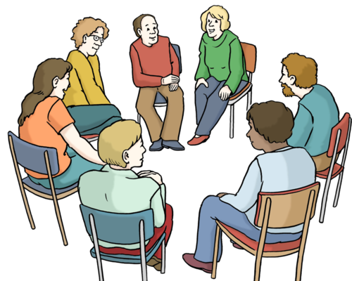 Gesprächsrunde: Leute, die in einem Kreis auf Stühlen sitzen