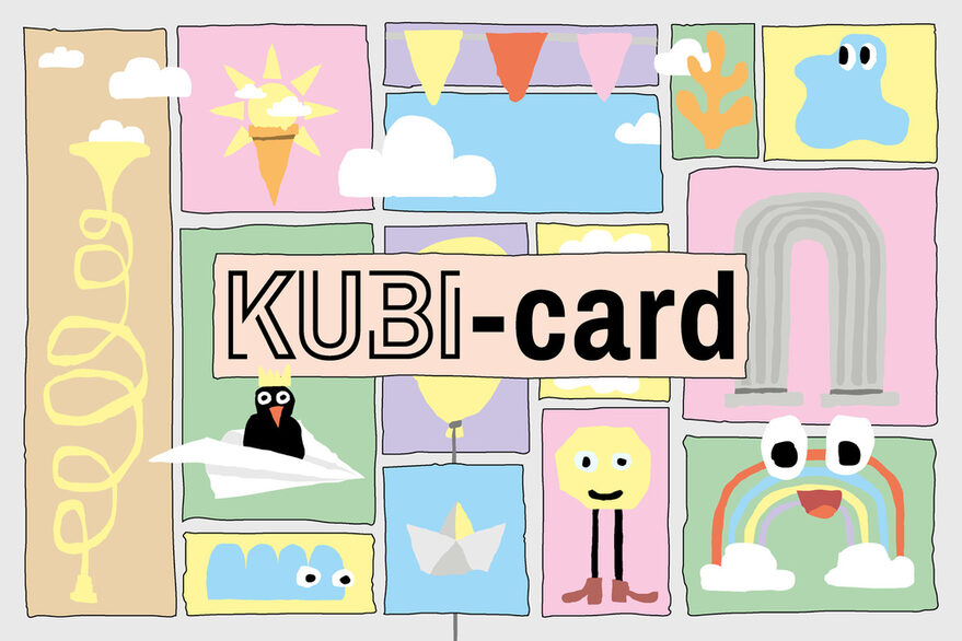 Verschiedene kindgerechte Grafiken wie Rabe mit Krone, Regenbogen mit Augen, Raupe, Eis mit Sonne umranden den Schriftzug KUBI-card.