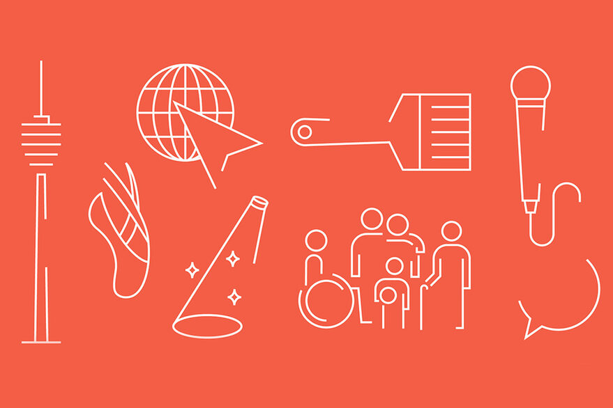 Graphic with various elements: TV tower, paintbrush, group of people including wheelchair with person, globe etc.