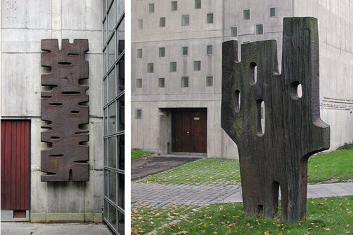 Die Skulpturen "Durchbrochene Fläche im Raum" und "Durchbrochene Fläche" vor dem Künstlereingang der Liederhalle