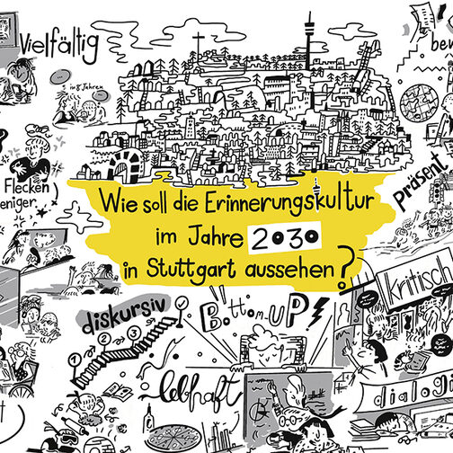 Illustration, in der mittig die Frage steht "Wie soll die Erinnerungskultur im Jahr 2030 in Stuttgart aussehen?". Darum herum sind Begriffe aufgeführt wir "reflektiert umgehen", "diskursiv", "lebhaft", "kritisch", "Weiße Flecken sind weniger". Die Begriffe sind illustriert.