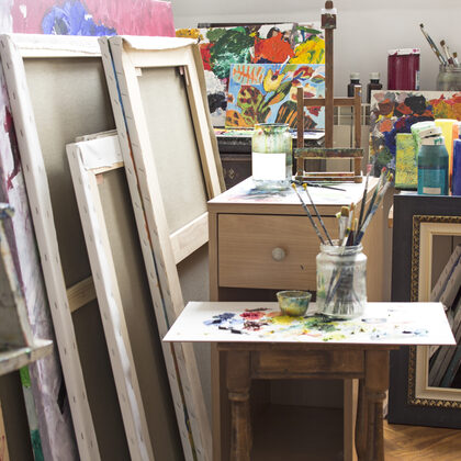 Blick in ein Atelier mit vielen Leinwänden, bunten Farben und Malerutensilien.