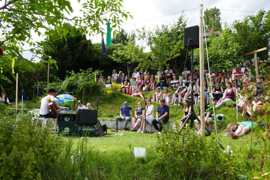 Ein Konzert mit zahlreichen Zuhörern findet in einem Weinberg statt.