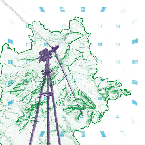 Grafische Darstellung der Stuttgartkarte (grün im Hintergrund) mit lila Windrad im Vordergrund
