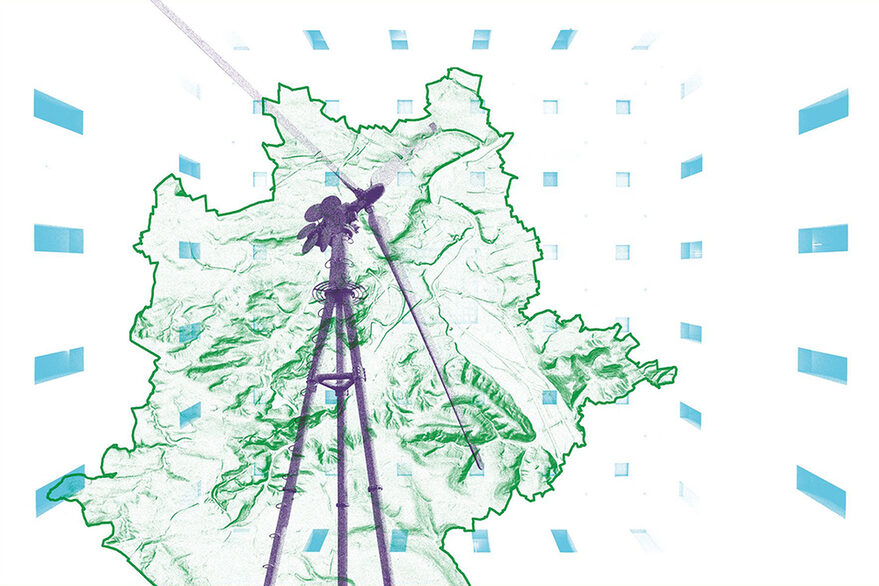 Grafische Darstellung der Stuttgartkarte (grün im Hintergrund) mit lila Windrad im Vordergrund