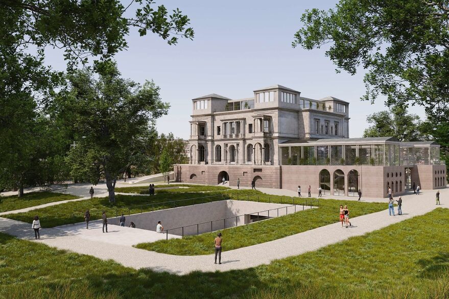 Grafischer Entwurf des Architektenbüros, die sogenannte Variante Nord, die die Erweiterung der Villa Berg im Norden zwischen Bestand und SWR-Gebäude vorsieht. Im Hintergrund ist der Entwurf zu sehen, im Vordergrund der Park mit stilisierten Personen und dem breiten Zugang zum Untergeschoss.