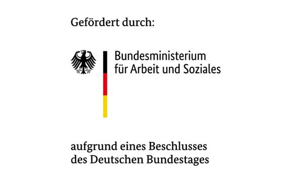 Schriftzug "Gefördert aufgrund eines Beschlusses des Deutschen Bundestags" mit dem Logo des Bundesministerium für Arbeit und Soziales