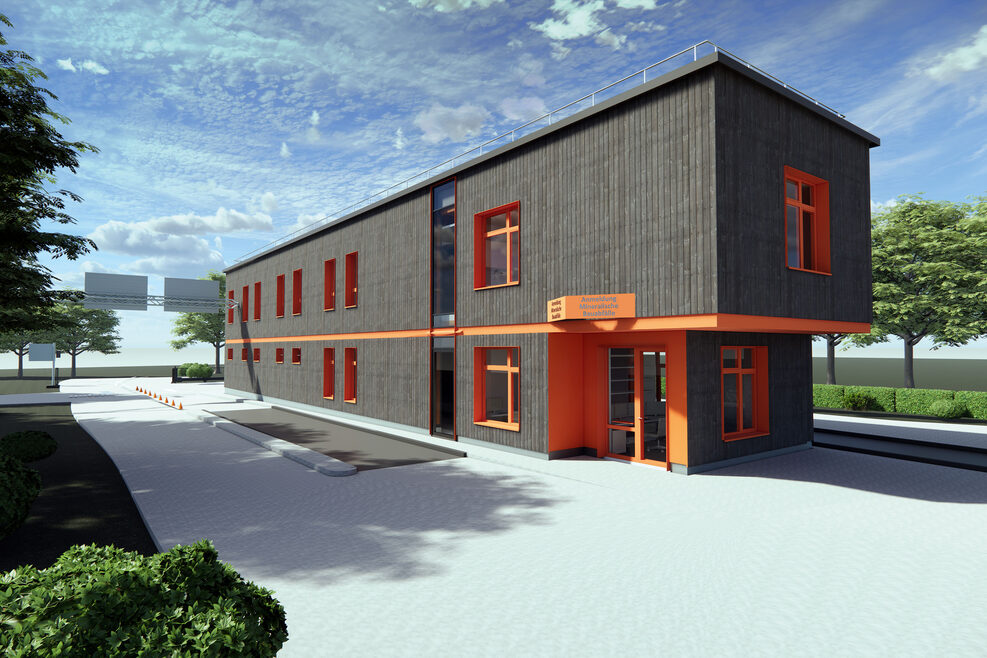 Zu sehen ist der Neubau des Deponiegebäudes der Deponie Einöd in Stuttgart Hedelfingen. Das Gebäude hat eine Holzfassade und ist wie ein langes Rechteck angeordnet. Die Fensterrahmen und der Eingangsbereich sind in Orange gehalten.