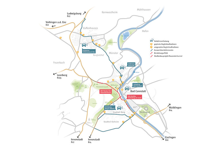 Die Grafik zeigt die verschiedenen Wegebeziehungen rund um den B10-Rosensteintunnel und den Leuzeknoten für Fußgänger, Fahhrad- und Autofahrende nach Fertigstellung des Gesamtprojekts.