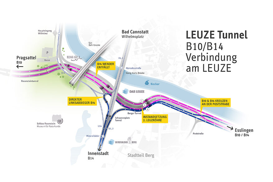 Die animierte Grafik zeigt die neue Verkehrsführung im Bereich des Leuzeknotens.