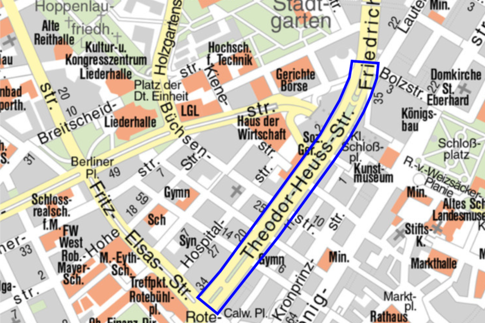 Bereich der Umgestaltung Theodor-Heuss-Straße, markiert in einem Stadtplan.