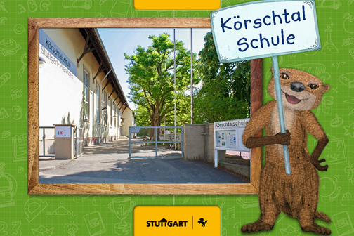 Cover des Stuttgarter Einschulungsbuchs mit einem Foto der Körschtalschule und einem gezeichneten Biber.