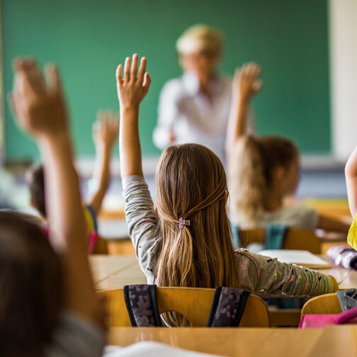 Rückansicht einer Schulklasse, die Schüler melden sich. Im Hintergrund steht eine Lehrerin vor einer Tafel.