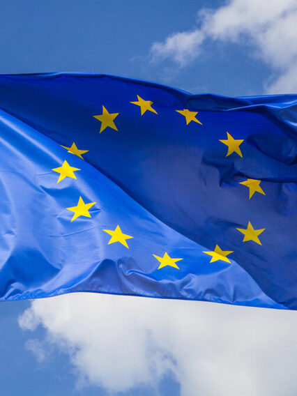 Europaflagge weht an einem Fahnenmast vor blauem Himmel.