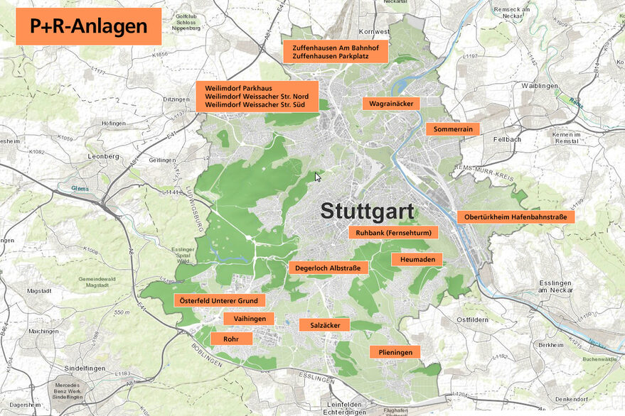 Karte mit Ausnahmen der Park-and-Ride-Anlagen in Stuttgart