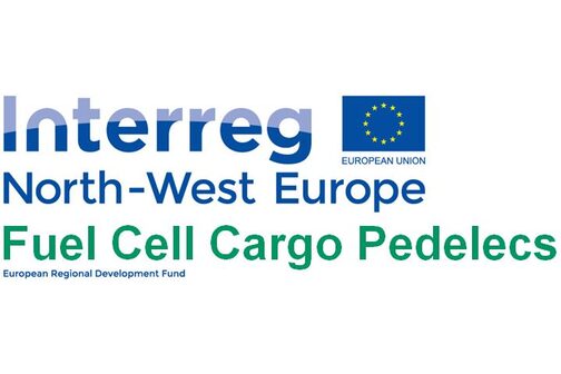 Das Logo der Förderung Interreg der Europäischen Union. Der folgende Text ist auf dem Logo zu lesen: Interreg North-West Europe Fuel Cell Cargo Pedelecs. European Regional Development Fund.