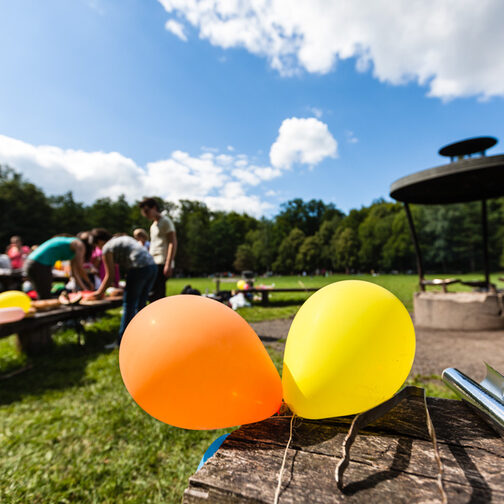 Zu sehen ist ein Grillplatz am Bärensee mit zwei bunten Luftballons im Vordergrund und der Grillstelle im Hintergrund.