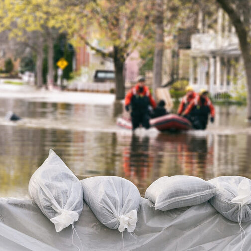 Eine überflutete Straße wird mit Sandsäcken gesichert. Rettungskräfte bergen Menschen mit einem Boot.