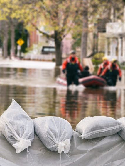 Eine überflutete Straße wird mit Sandsäcken gesichert. Rettungskräfte bergen Menschen mit einem Boot.