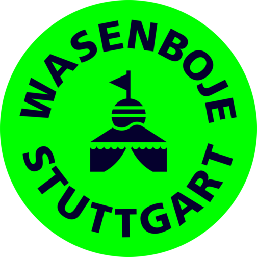 Das Logo der Wasenboje Stuttgart mit schwarzer Schrift auf grünem Hintergrund. Mittig ist ein Piktogram eines Festzelts zu sehen.