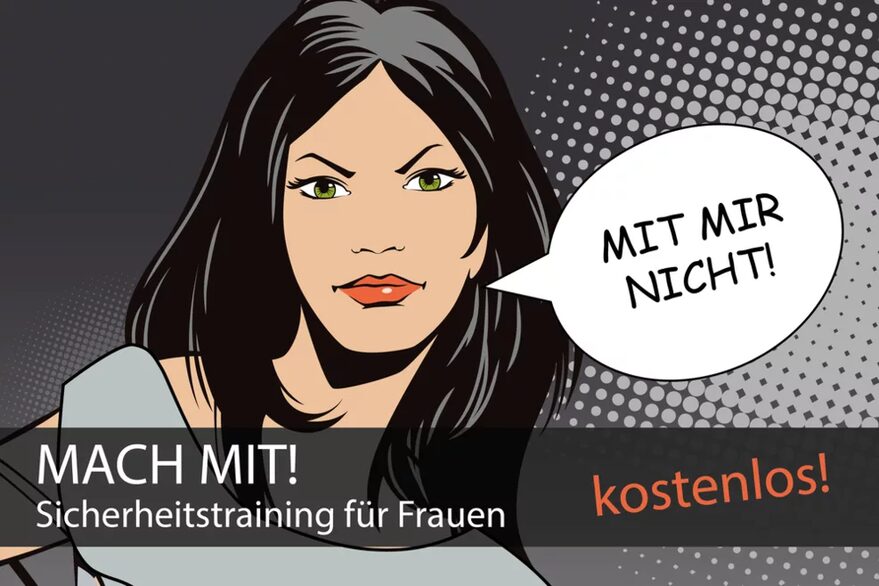 Das Keyvisual der Kampagne "Mit mir nicht". Eine kritisch dreinblickende Zeichentrickfrau ist zu sehen mit einer Sprechblase "Mit mir nicht!"