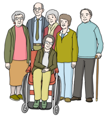 Ältere Menschen mit Behinderung, einige tragen eine Brille, einer hat einen Gehstock. Eine Frau sitzt im Rollstuhl.