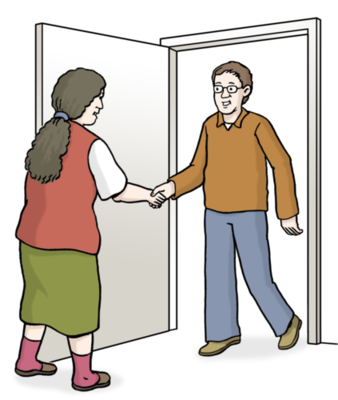 Eine Frau begrüßt einen Mann an ihrer Wohnungstür. Sie gibt ihm die Hand.