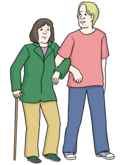 Ein Mann assistiert einer Frau mit körperlicher Einschränkung und stützt sie beim Gehen.