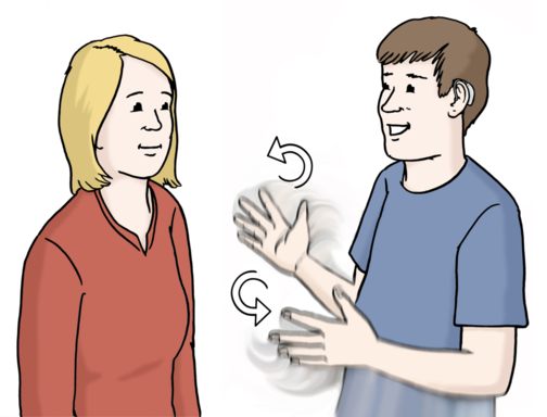 Ein Mann bewegt die Hände in Gebärdensprache. Eine gehörlose Frau steht ihm gegenüber. So versteht ihn die Frau.