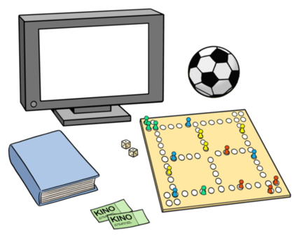 Mögliche Freizeitbeschäftigungen: TV, ein Fußball, ein Buch, Kinokarten und ein Brettspiel mit Würfeln.