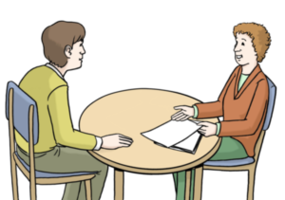 Ein Mann lässt sich von einer Frau beraten. Beide sitzen sich an einem Tisch gegenüber.