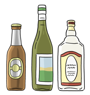 Verschiedene Alkohol-Flaschen: Bier, Wein, Schnaps