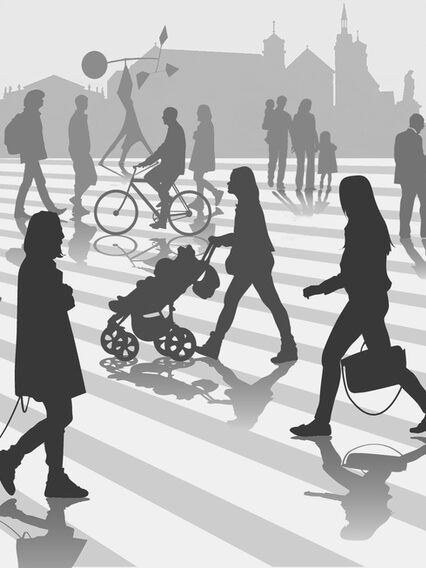 Zu sehen ist eine Grafik in grau, weiß und shcwarz auf der Fußgänger vor einem urbanen Hintergrund dargestellt sind.