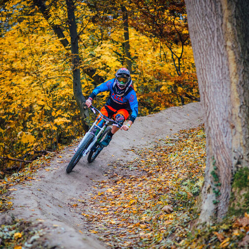 Radfahrer fährt auf einer Downhill-Strecke durch den Wald.