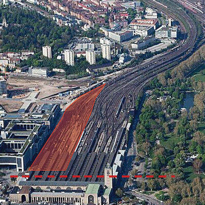 Luftbild des Bahnhofs Stuttgart vor dem Umbau.
