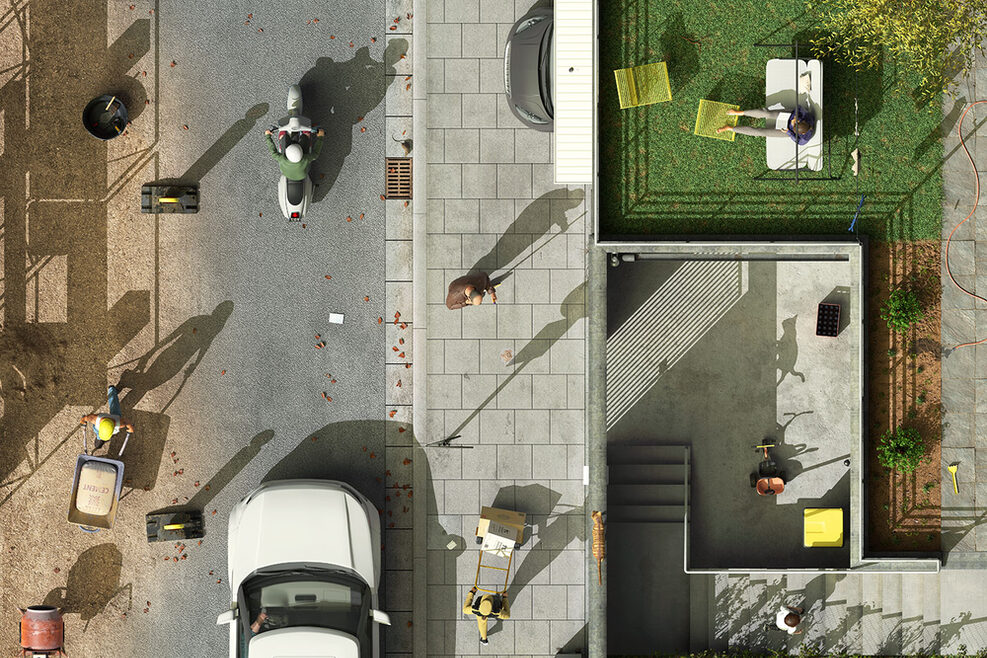 Illustration, die das städtische Leben aus der Vogelperspektive zeigt.