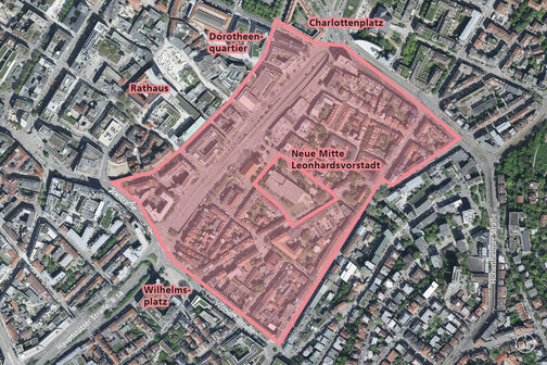 Man sieht ein Luftbild mit einem in hellem Rot markierten Bereich der Leonhardsvorstadt.