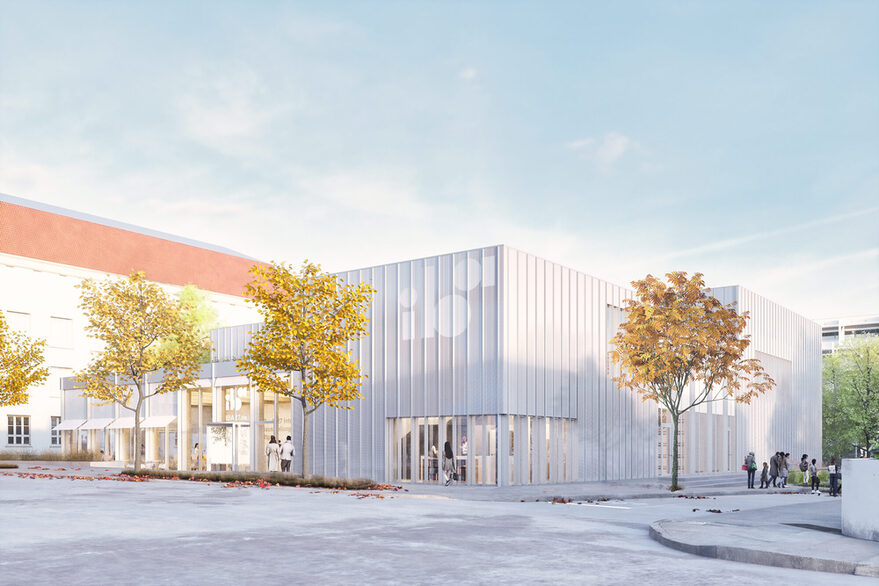 Seitenansicht-Collage vom Entwurf für das neue Besucherzentrum: hellgraues luftiges Gebäude hinter herbstlichen Bäumen.